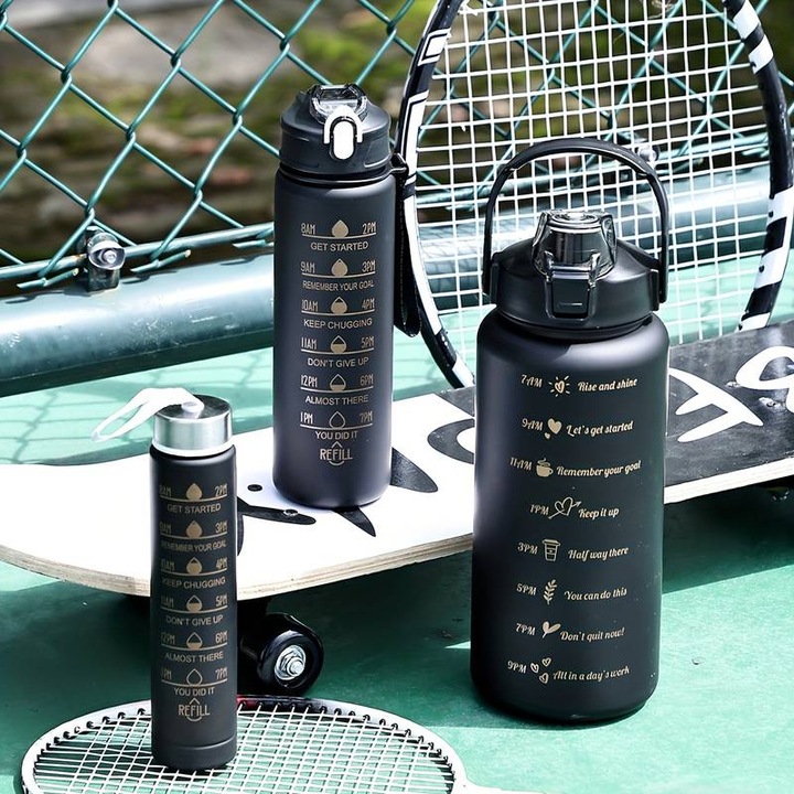 ZESTAW 3 BIDONÓW BUTELKA MOTYWACYJNA Z MIARKĄ DO WODY 2000ML 900ML 300ML