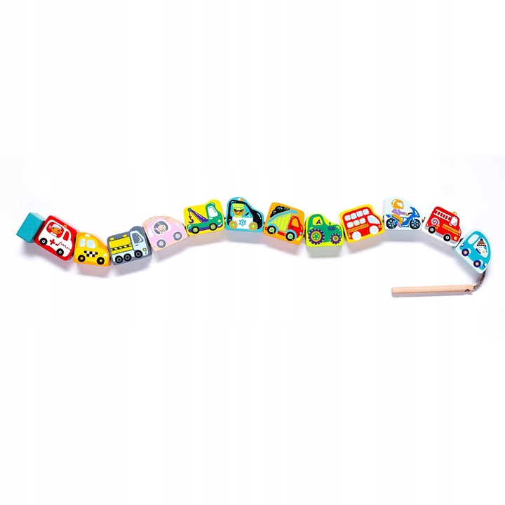 AUTKA NA SZNURKU SAMOCHODZIKI DREWNIANE NAWLEKANKA ZESTAW KOLOROWY