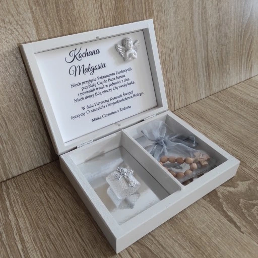 Pudełko na pieniądze prezent Pamiątka I Komunii chrzestnej dziadków aniołek