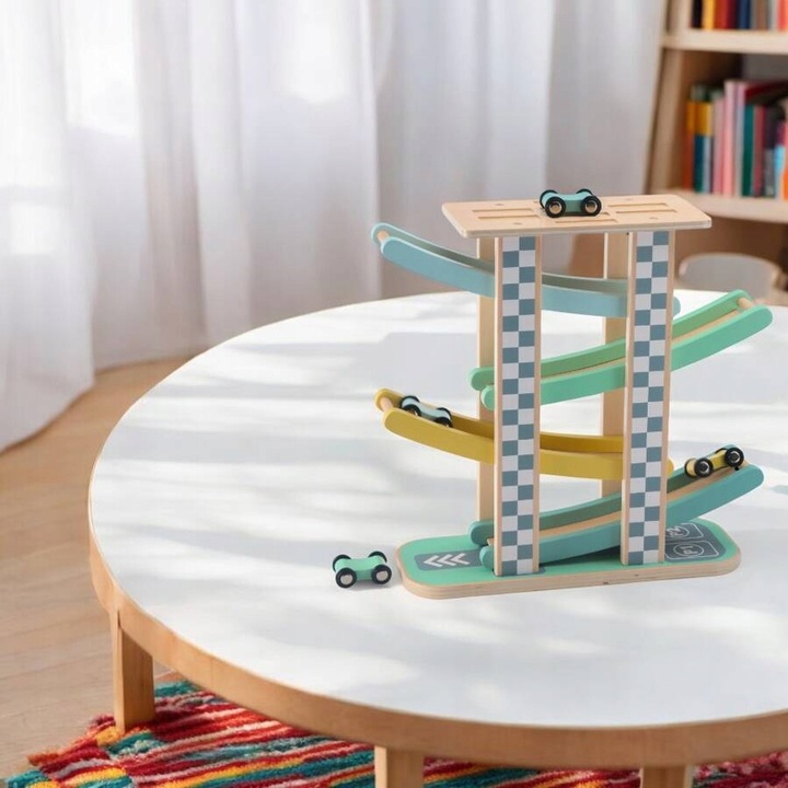 MERKAN Zestaw Drewniana Zjeżdżalnia Tor Dla Samochodzików 4 Piętra