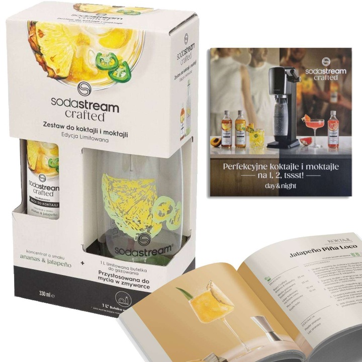 Baza do koktajli SodaStream Ananas Jalapeno 330ml + Butelka 1l + książka