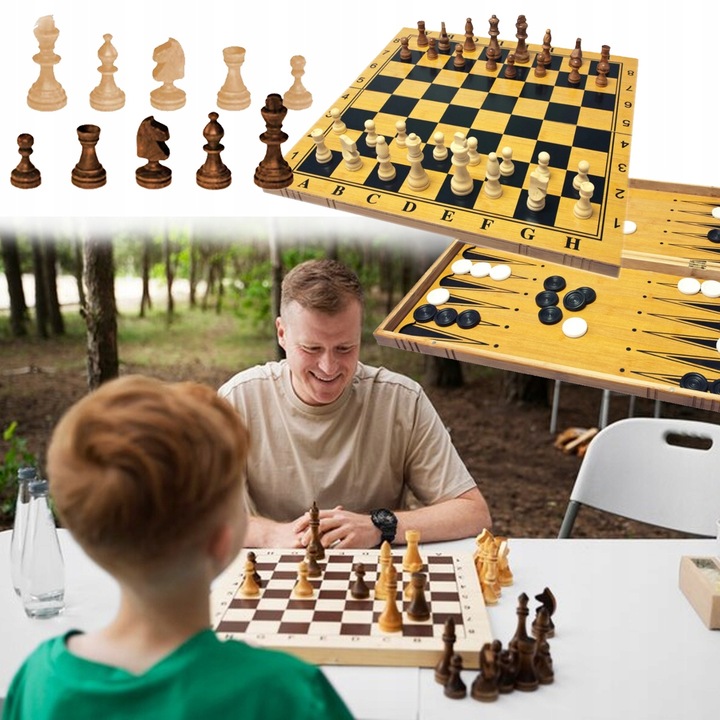 GRA W SZACHY WARCABY TRYKTRAK DUŻE DREWNIANE 3w1 PREZENT POD CHOINKĘ ŚWIĘTA
