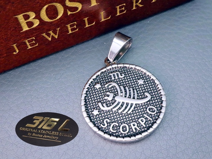 SREBRNY MEDALIK MEDALION ZNAK ZODIAKU SKORPION PRAWDZIWA STAL CHIRURGICZNA