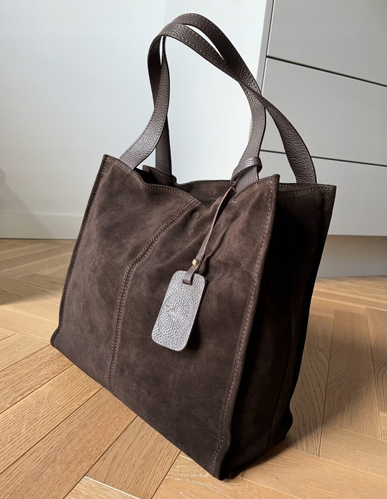 Czekoladowa zamszowa torebka shopper brązowa ZAMSZ NATURALNY Vera Pelle