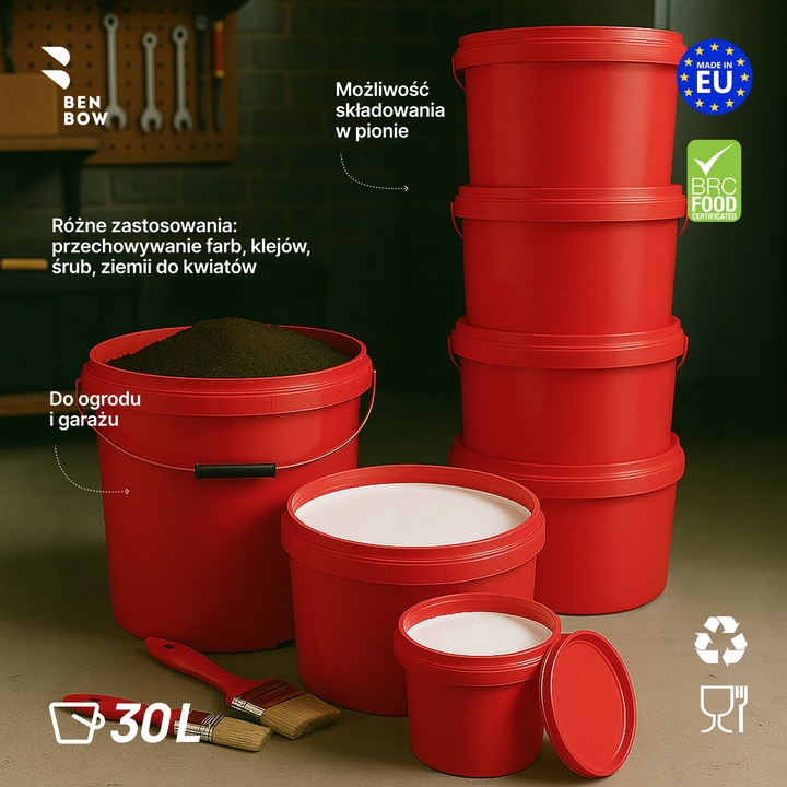 Wiadro na żywność 30L Czerwone z rączką i pokrywą