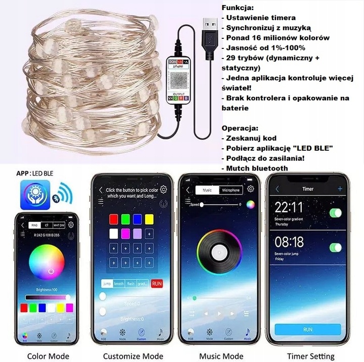 Inteligentne lampki choinkowe 10m 100led WiFi