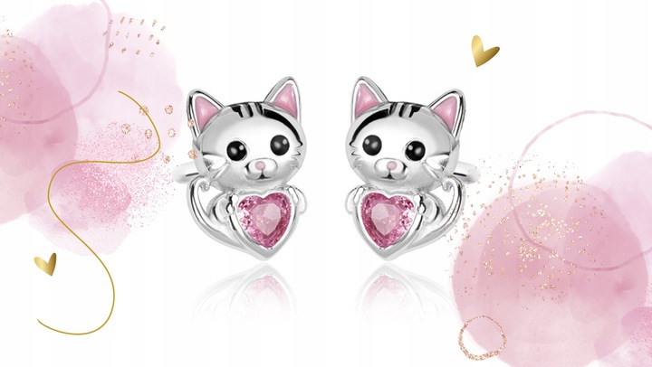 Kolczyki Srebrne Dla Dziewczynki Rodowane Kotki Srebro 925 Sztyfty Serce