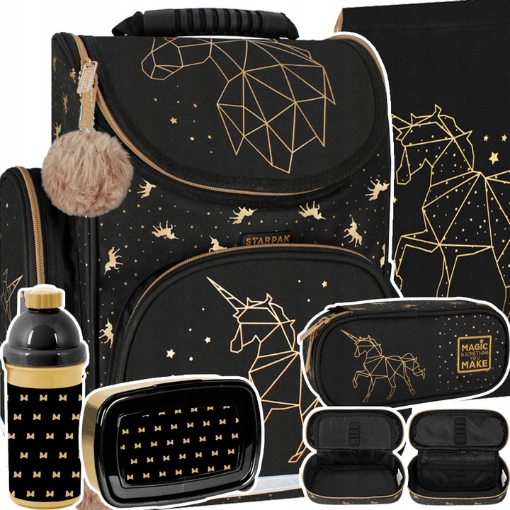 TORNISTER PLECAK SZKOLNY CZARNY ZŁOTY JEDNOROŻEC PIÓRNIK TUBA BIDON 5EL