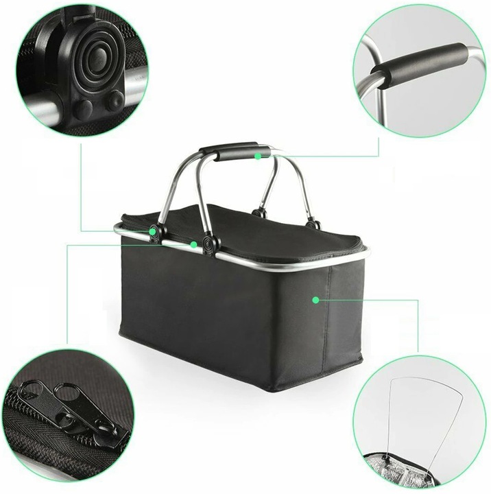 KOSZ CZARNY KOSZYK PIKNIKOWY SKŁADANY TERMICZNY + 2 WKŁADY CHŁODZĄCE