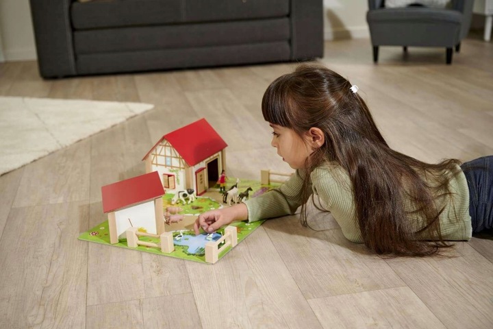 DUŻA DREWNIANA FARMA ZAGRODA + FIGURKI ZWIERZĄT KONIE ŚWINKI STAJNIA 25 EL.