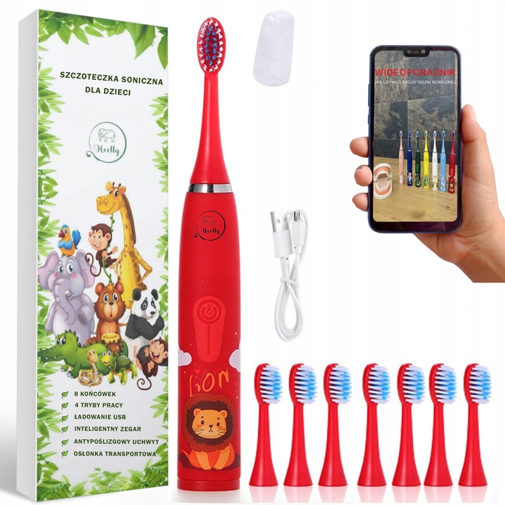 SZCZOTECZKA SONICZNA DLA DZIECI ELEKTRYCZNA DO ZĘBÓW LEW CZERWONA HEELLY