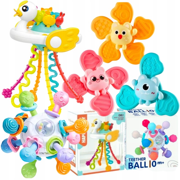 BOX ZESTAW ZABAWEK SENSORYCZNYCH 3W1 KACZKA PIŁKA SPINNER DLA NIEMOWLĄT