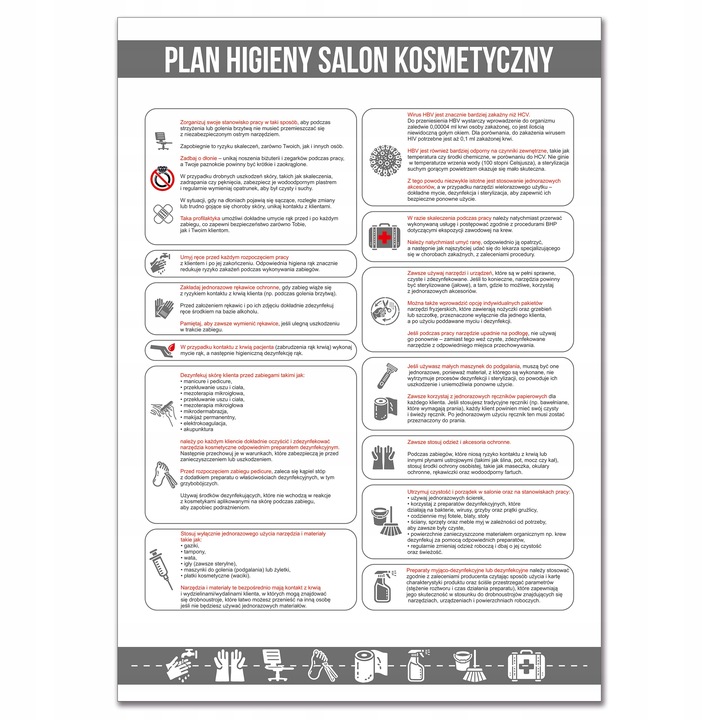 TABLICA INFORMACYJNA PLAN HIGIENY SALONU KOSMETYCZNEGO HIPS A3 Druk UV