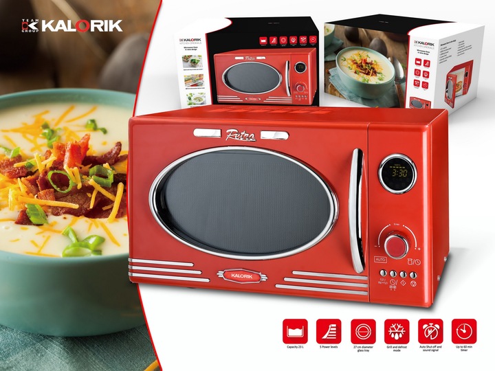 KUCHENKA MIKROFALOWA GRILL MIKROFALÓWKA RETRO 1000W 23L CZERWONA MIKROFALA