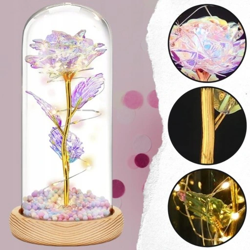 WIECZNA RÓŻA W SZKLE ŚWIECĄCA LED PREZENT PUDEŁKO NA WALENTYNKI DZIEŃ BABCI