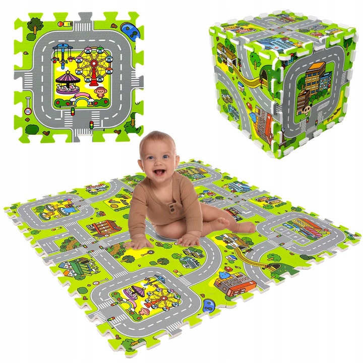 GRUBE PUZZLE PIANKOWE DUŻA MATA PODŁOGOWA EDUKACYJNA 90x90 ULICE MIASTO
