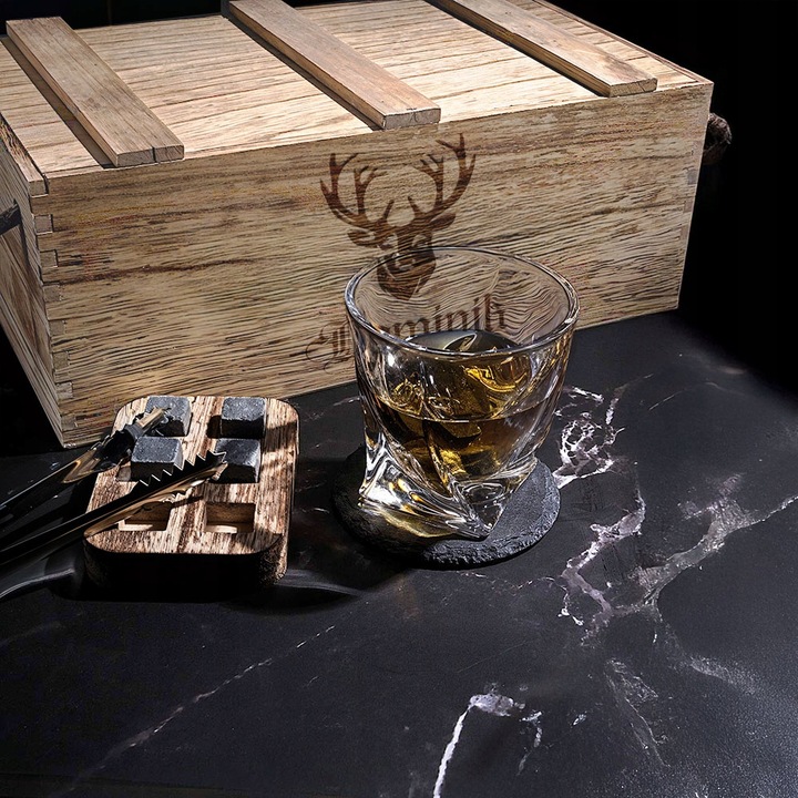 Zestaw do Whisky Skrzynka z Grawerem Kamienie Szczypce Prezent dla Mężczyzn