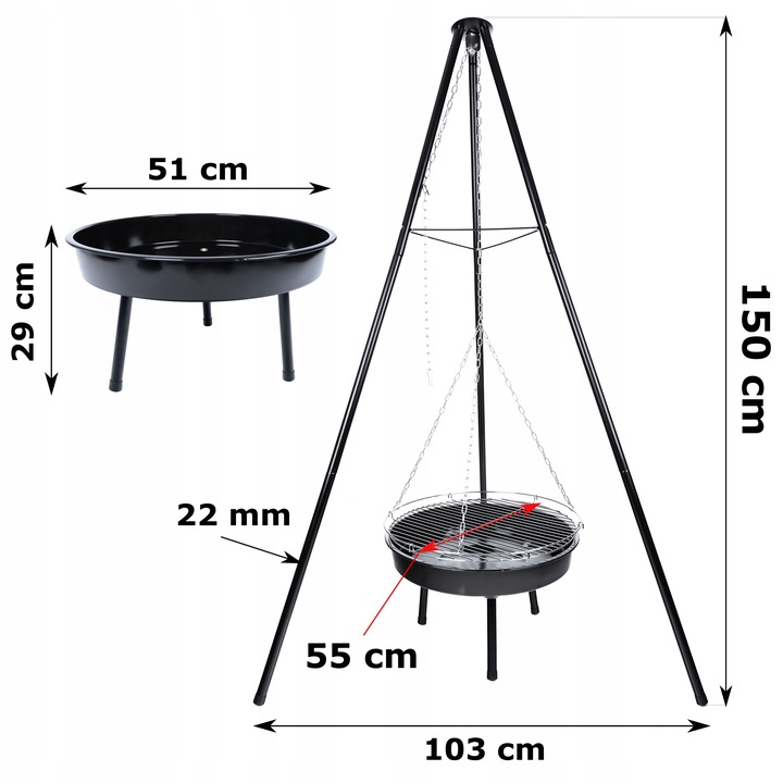Grill Ogrodowy Wiszący Trójnóg Węglowy Palenisko Ruszt 55 cm BBQ Regulowany