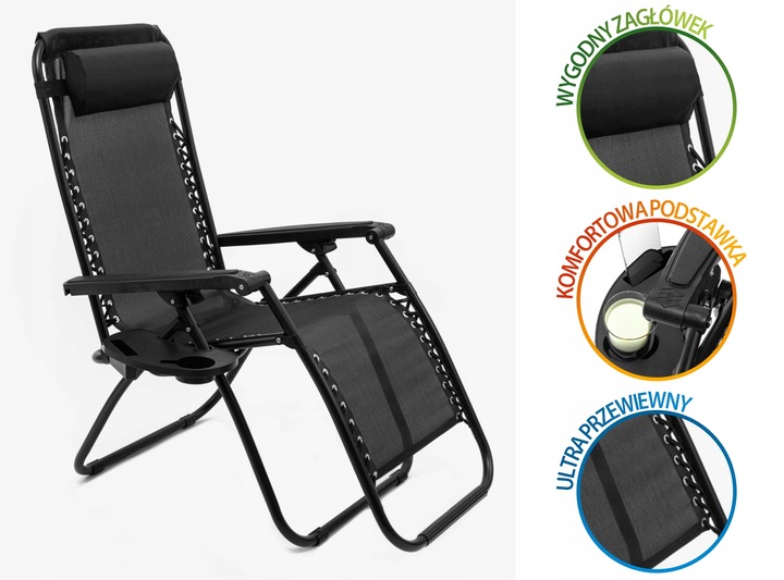 Leżak Ogrodowy WZMACNIANY ZERO GRAVITY metal czarny składany GRATIS PÓŁKA!