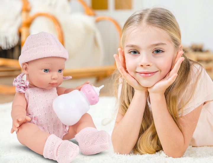 LALKA BOBAS NIEMOWLAK ŚLICZNA RÓŻOWE UBRANKO BUTELKA AKCESORIA DLA DZIECI