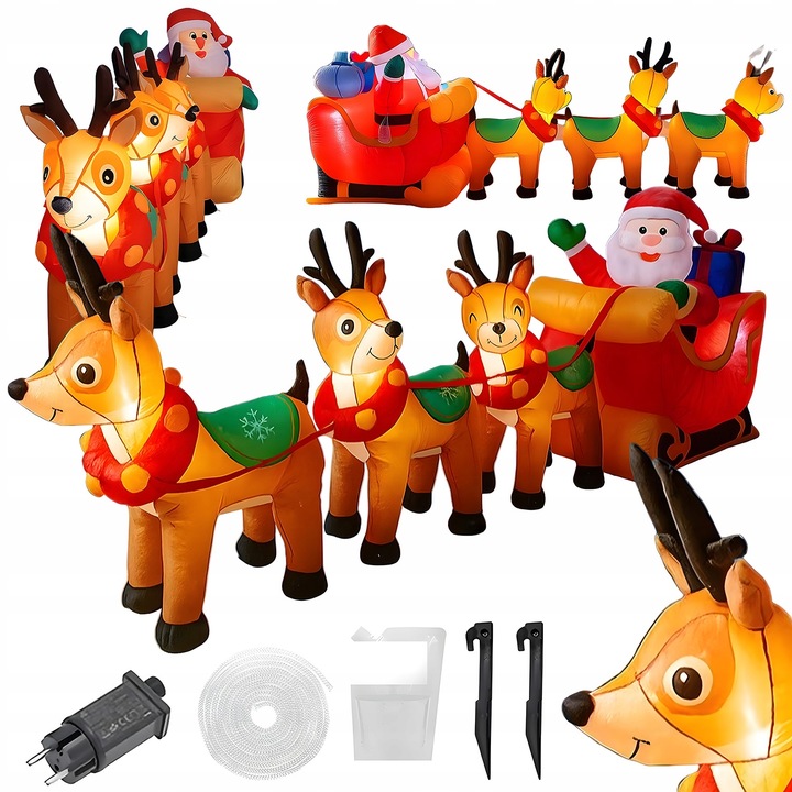 DMUCHANY MIKOŁAJ Z RENIFERAMI ŚWIĄTECZNA DEKORACJA SANIE DMUCHANIEC 310cm