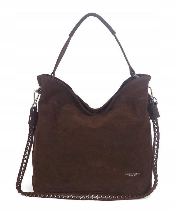 Flora&Co Paris Czekoladowa zamszowa torebka Worek Łańcuszek + Pasek Zamsz