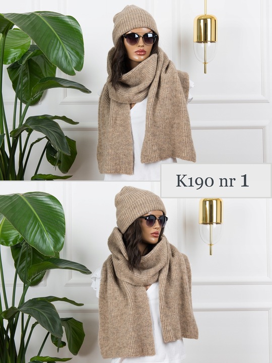 KOMPLET damski CZAPKA + duży SZALIK prążkowany ciepły szal zimowy POLSKI