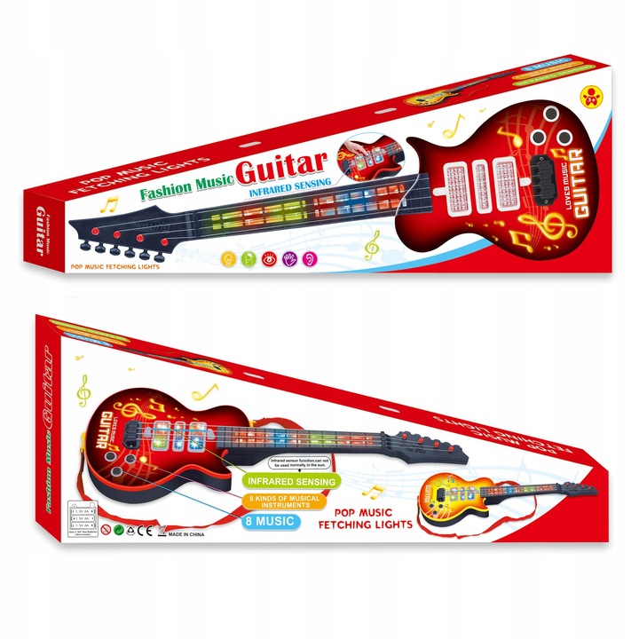 GITARA STRUNOWA DLA DZIECI ROCKOWA DUŻA 52 CM ZABAWKA MUZYCZNA LED 4 STRUNY