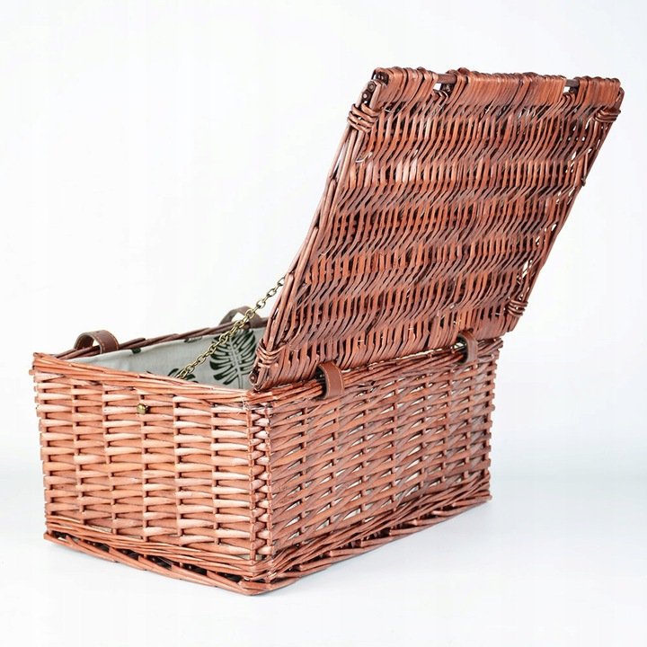 WIKLINOWY KOSZ PIKNIKOWY ZESTAW DLA 4 OSÓB ZASTAWA Z TALERZAMI KIELISZKAMI