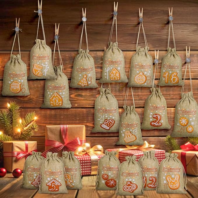 24X WORECZKI JUTOWE KALENDARZ ADWENTOWY DO WYPEŁNIENIA DIY Z CYFRAMI 1-24