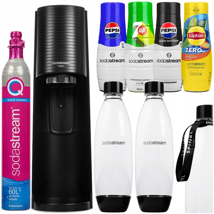 SATURATOR SODASTREAM TERRA 2 BUTELKI + 4x SYROPY PEPSI 7UP LIPTON DODATKI