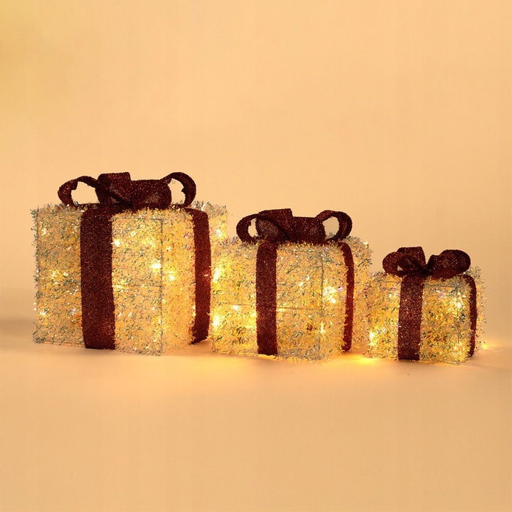 Świąteczne Pudełka Prezenty LED 3 szt. Dekoracja Boże Narodzenie Srebrne