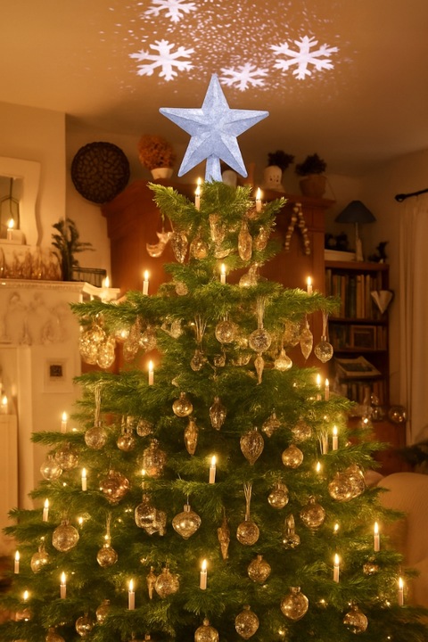 Gwiazda na choinkę LED srebrna brokatowa z projektorem płatki śniegu czubek