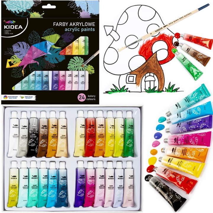 Farby akrylowe Kidea 24 szt. x 6 ml WYSOKIE KRYCIE niezwykle wydajne szkoły