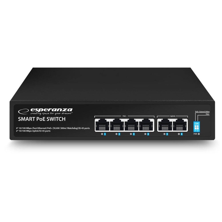 SWITCH PoE 4xPOE 2xUplink RJ45 10/100Mbps 60W EXTEND 300M + DO KAMER