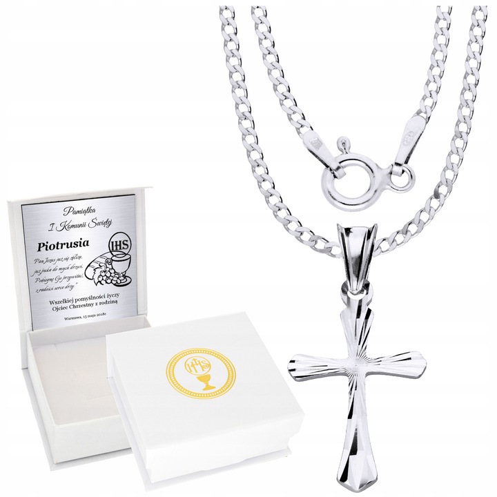Srebrny Łańcuszek 925 Krzyż Komunia Chrzest Grawer