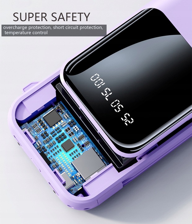 POWER BANK 10000MAH USB/USB-C QC PD WBUDOWANY KABEL Wyświetlacz cyfrowy