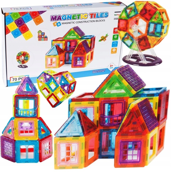 ZESTAW DUŻE KLOCKI MAGNETYCZNE KONSTRUKCYJNE 3D PANELE MAGNETIC TILES 70 EL