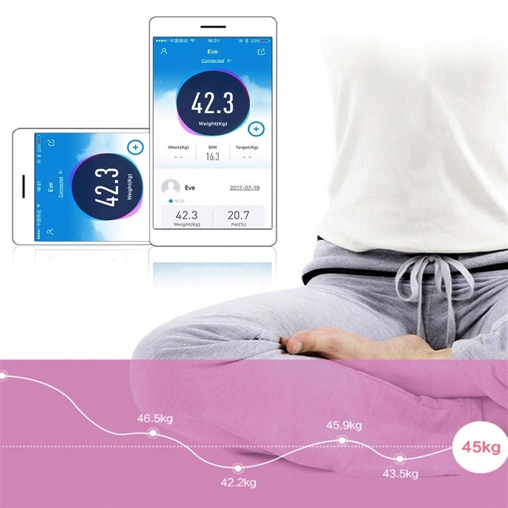 Inteligentna waga łazienkowa smart szklana OMNA aplikacja, miarka i baterie