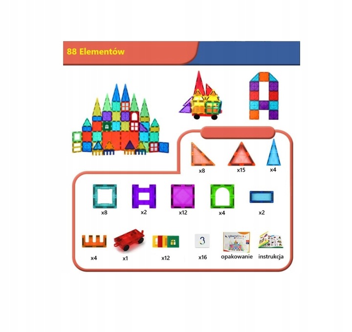 Klocki Magnetyczne 3D Konstrukcyjne Zestaw 88 elementów 3+ Edukacyjne DUŻE