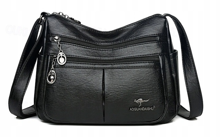 TOREBKA DAMSKA SKÓRZANA NA RAMIĘ TORBA CZARNA POJEMNA MIEJSKA DUŻO KIESZENI