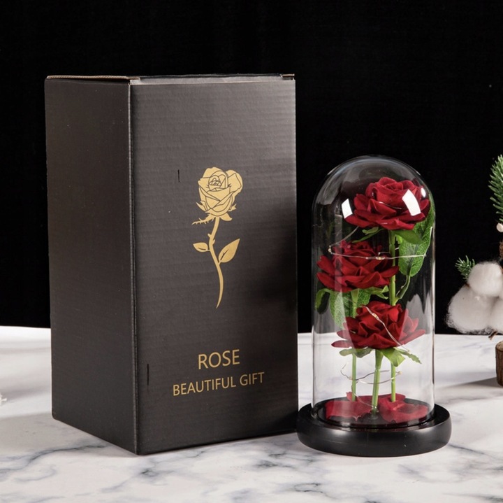 WIECZNA RÓŻA W SZKLE PREZENT NA WALENTYNKI ŚWIECĄCA LED BATERIE + PUDEŁKO