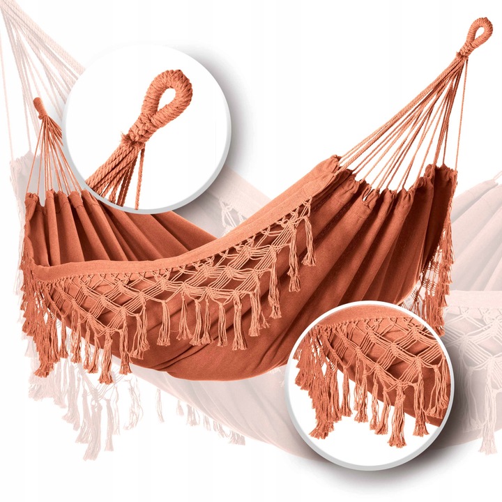 DUŻY DWUOSOBOWY MOCNY HAMAK OGRODOWY BOHO MAKRAMA MIDAS 150x200 XXL KARMEL
