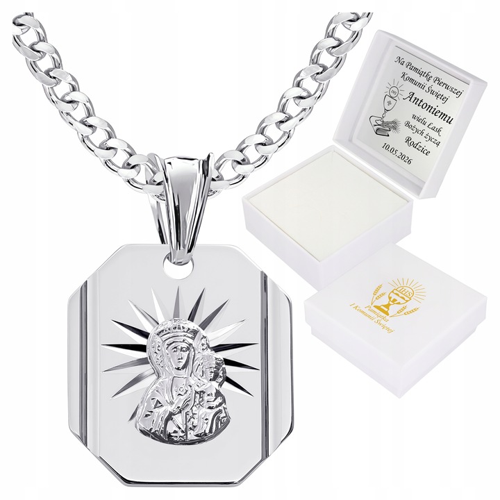 Medalik Komunijny Łańcuszek Srebrny Matka Boska do Komunii Chrztu Srebro