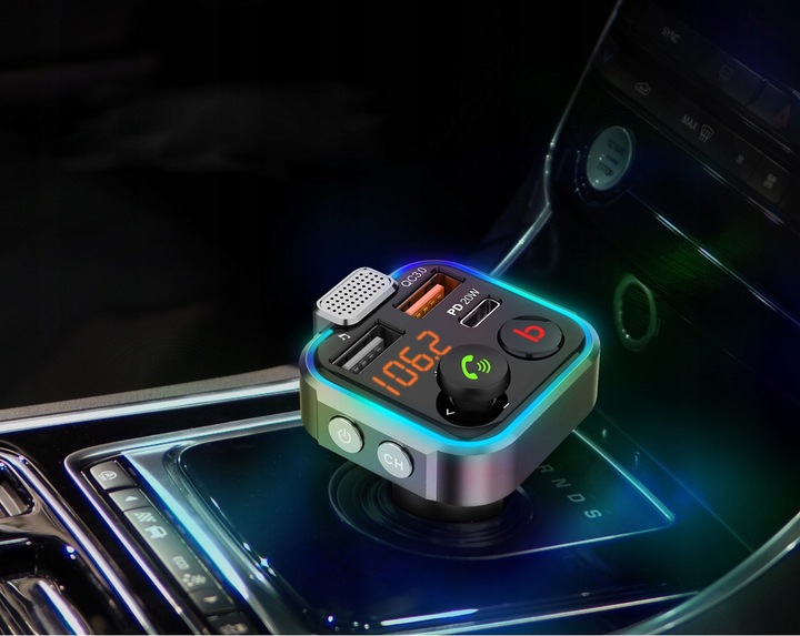 TRANSMITER BLUETOOTH 5.0 FM ŁADOWARKA USB PD 20W QC 3.0 BASS MOCNY MIKROFON