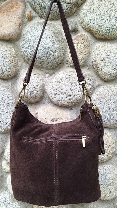 Vera Pelle Torebka Listonoszka SKÓRA NATURALNA ZAMSZ Worek CZEKOLADA