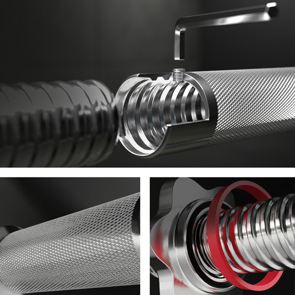 Hantle żeliwne 2x15kg zestaw z przedłużanym gryfem ryflowanym + zaciski