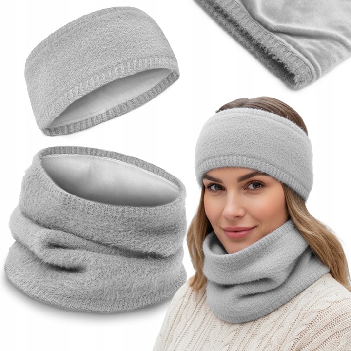 DWUSTRONNY Komplet Damski OPASKA i KOMIN Zestaw Zimowy z Polarem POPIELATY