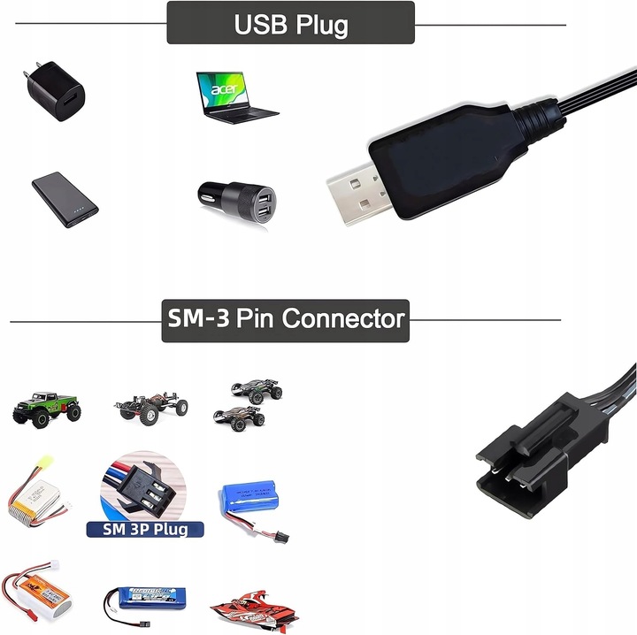 Kabel ładowarki USB ze złączem wtykowym SM-3P do akumulatora 2S 7.4V LiPo