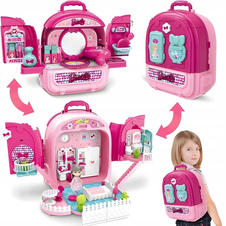 Toaletka w plecaku lalka DOMKU salon dla dzieci 3w1 dla 3 4 5 6 7 latki